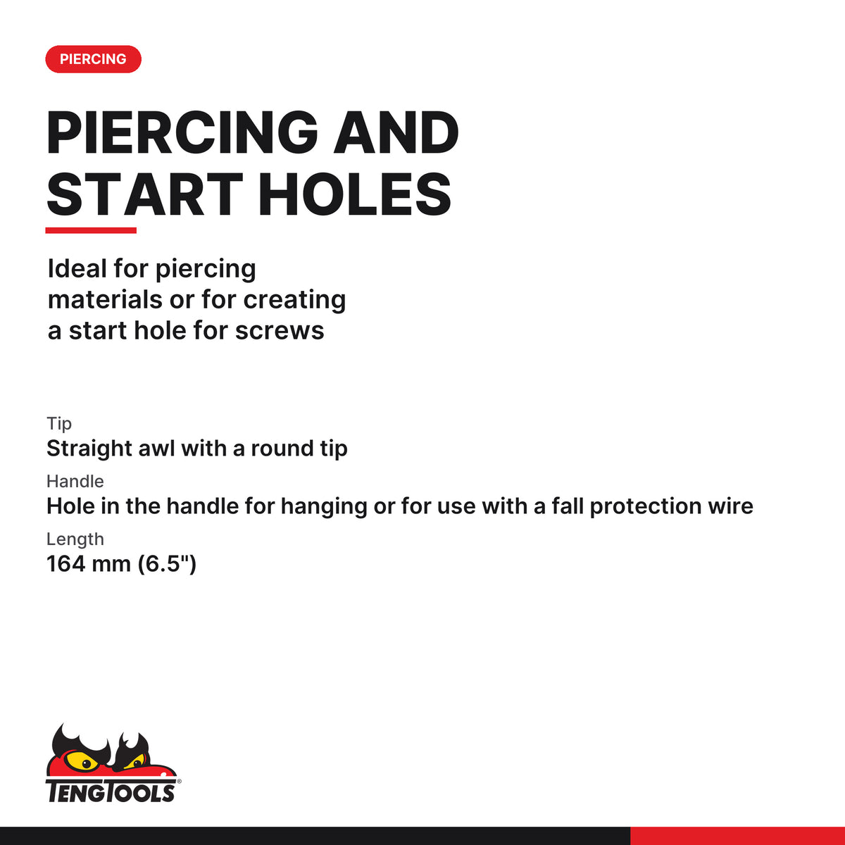 Teng Tools MDA180 Straight Scratch Awl, ideal for piercing materials or for creating a start hole for screws