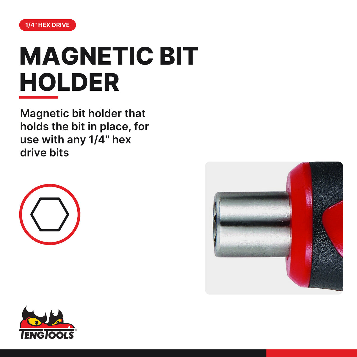 Teng Tools MDBH 1/4 Inch Hex Magnetic Screwdriver, magnetic bit holder that holds the bit in place, for use with any 1/4"