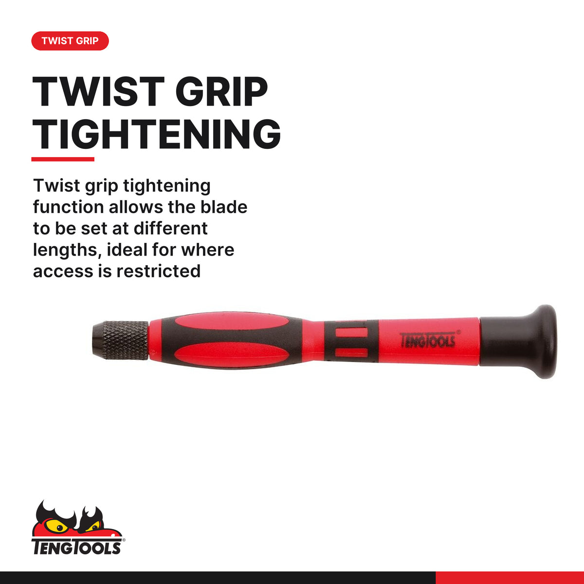 Teng Tools MDM700 Mini Screwdriver Handle for Interchangeable, twist grip tightening function allows the blade to be set at