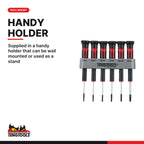 Teng Tools MDM706TX Mini Screwdriver Set TX 6 Pieces, supplied in a handy holder that can be wall mounted or used as a stand