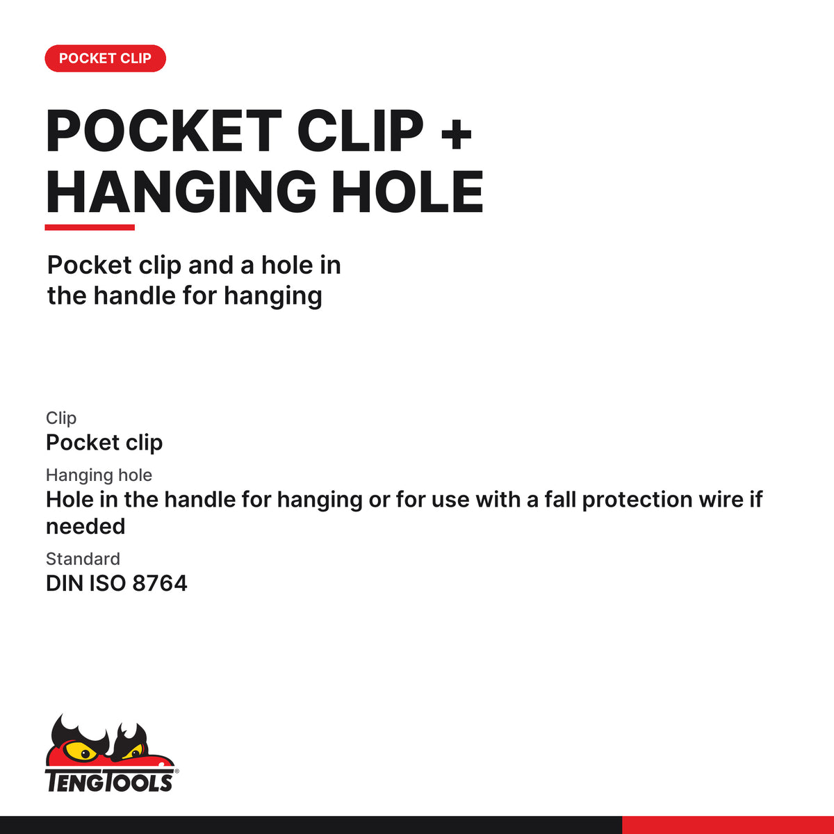 Teng Tools MDMC715N PH1 Phillips Mini Screwdriver With Pocket Clip, pocket clip and a hole in the handle for hanging