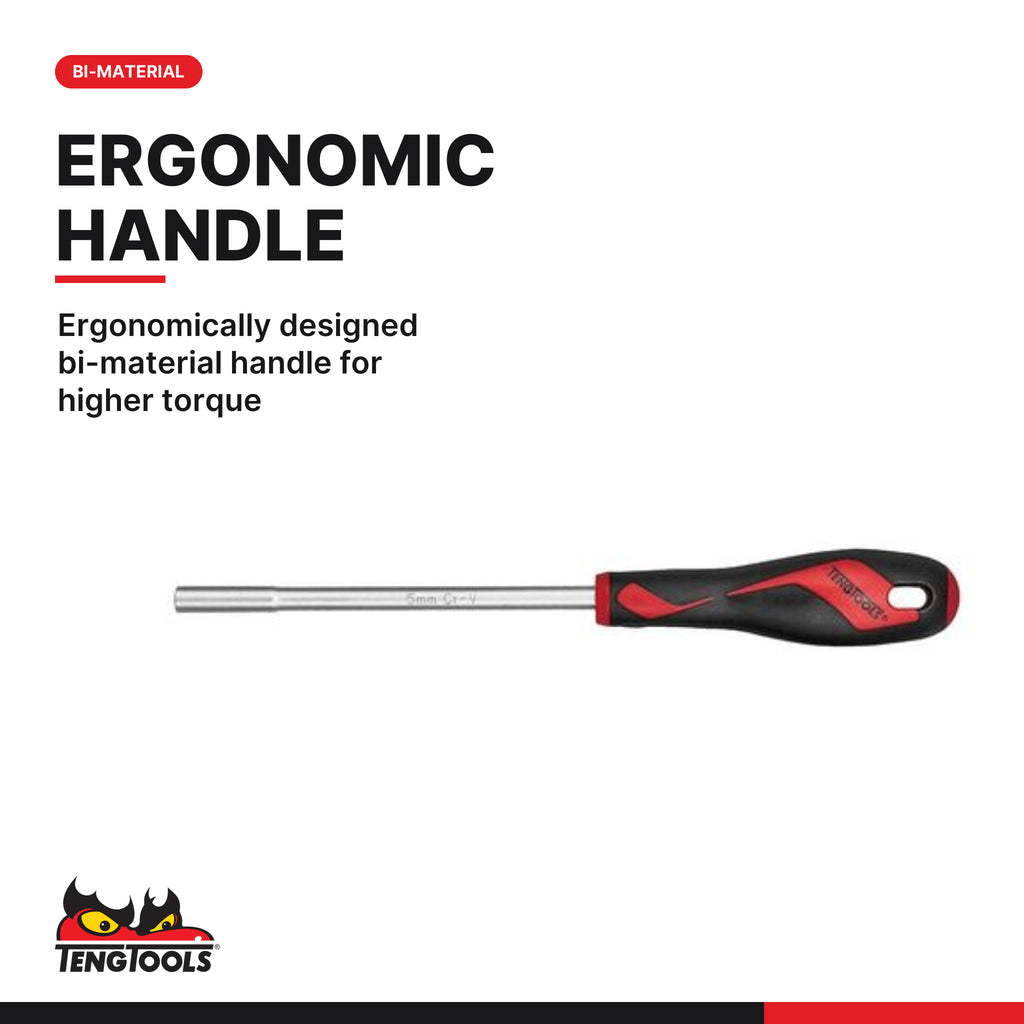 Teng Tools MDN505 Metric Hex Nut Driver 5 mm to 13 mm, ergonomically designed bi-material handle for higher torque