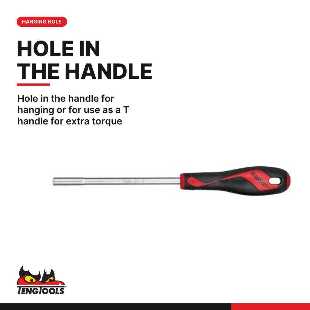 Teng Tools MDN505 Metric Hex Nut Driver 5 mm to 13 mm, hole in the handle for hanging or for use as a T handle for extra