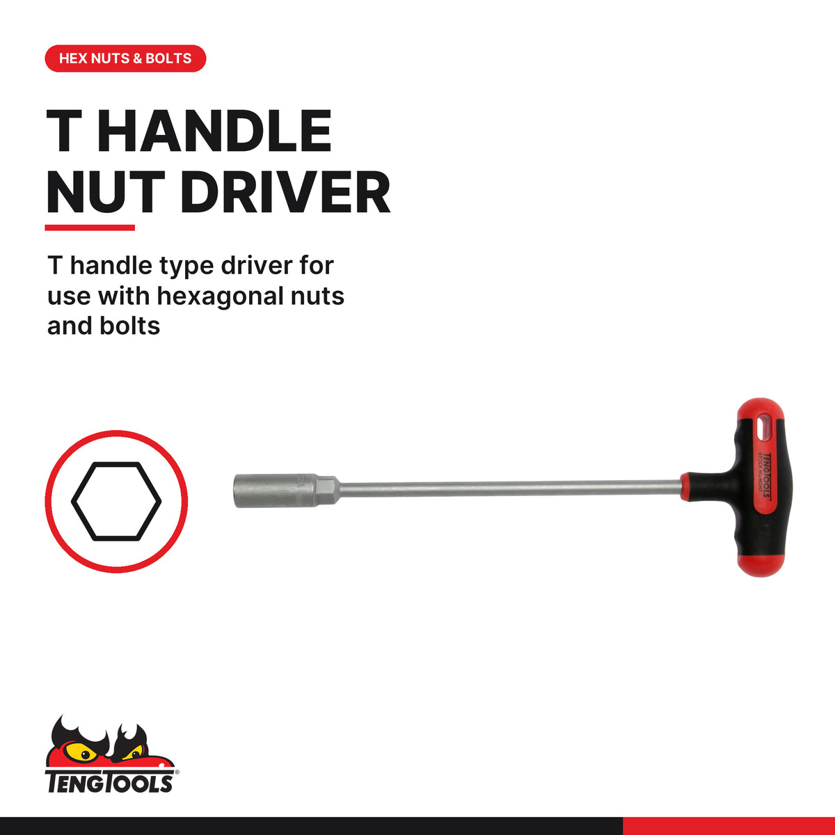 Teng Tools MDNT407 7 mm T-Handle Hex Socket Wrench, T handle type driver for use with hexagonal nuts and bolts