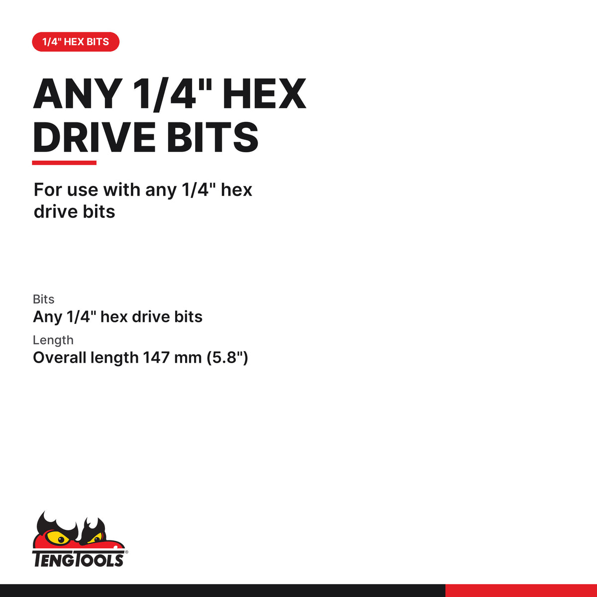 Teng Tools MDQ147 1/4 Inch Hex Quick Chuck Bit Driver, for use with any 1/4" hex drive bits