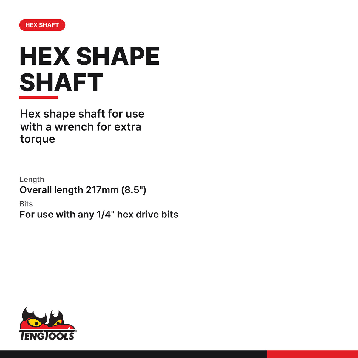Teng Tools MDQ217 1/4 Inch Hex Bit Driver, hex shape shaft for use with a wrench for extra torque