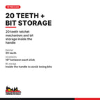 Teng Tools MDR908 1/4 Inch Ratcheting Bit Driver Set, 20 teeth ratchet mechanism and bit storage inside the handle