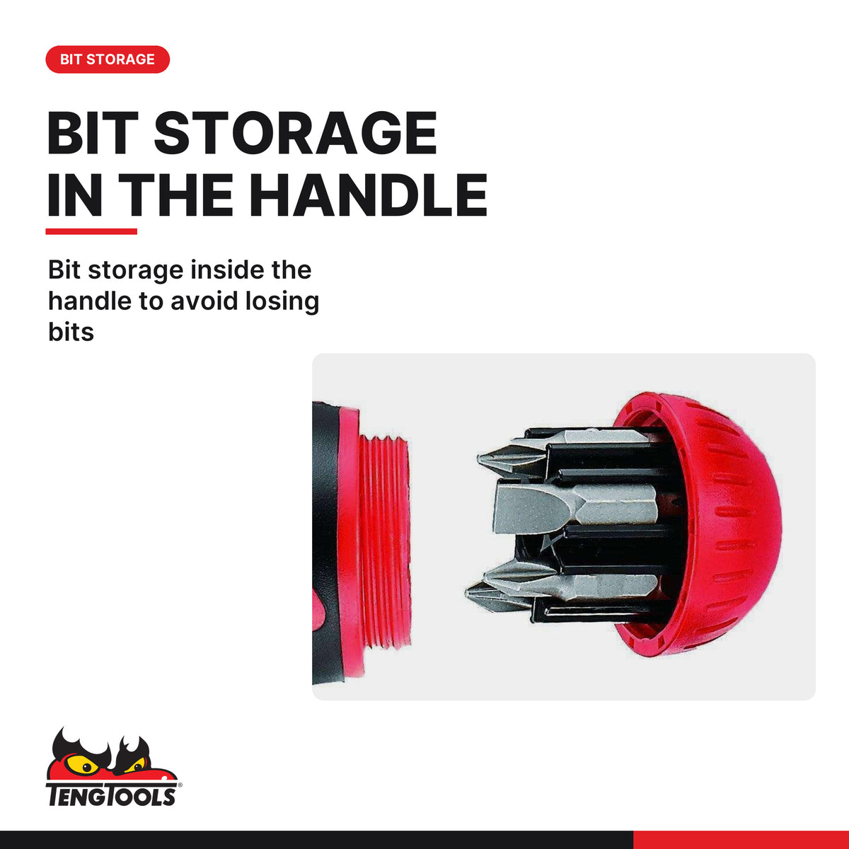 Teng Tools MDR915 1/4 Inch Ratcheting Bit Driver with Double-End Bits, bit storage inside the handle to avoid losing bits