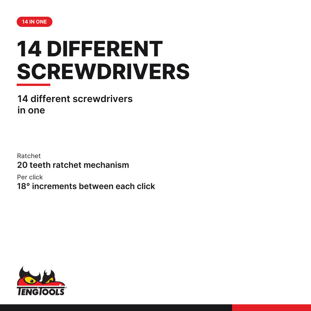Teng Tools MDR915 1/4 Inch Ratcheting Bit Driver with Double-End Bits, 14 different screwdrivers in one