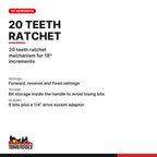 Teng Tools MDRQ908 1/4 Inch Ratcheting Quick Chuck Bits Driver Set, 20 teeth ratchet mechanism for 18° increments
