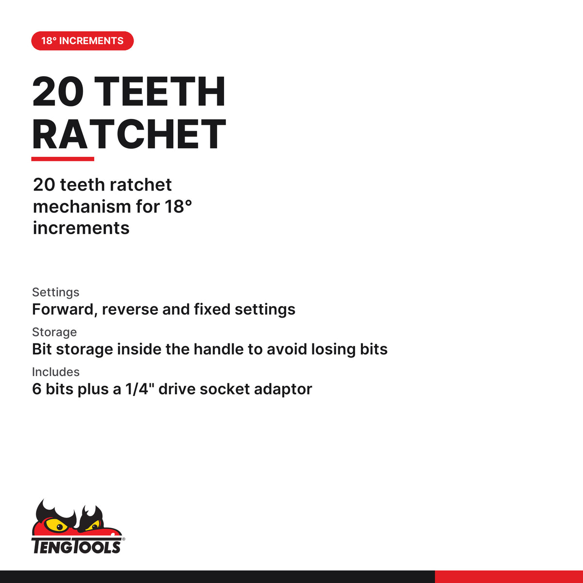 Teng Tools MDRQ908 1/4 Inch Ratcheting Quick Chuck Bits Driver Set, 20 teeth ratchet mechanism for 18° increments