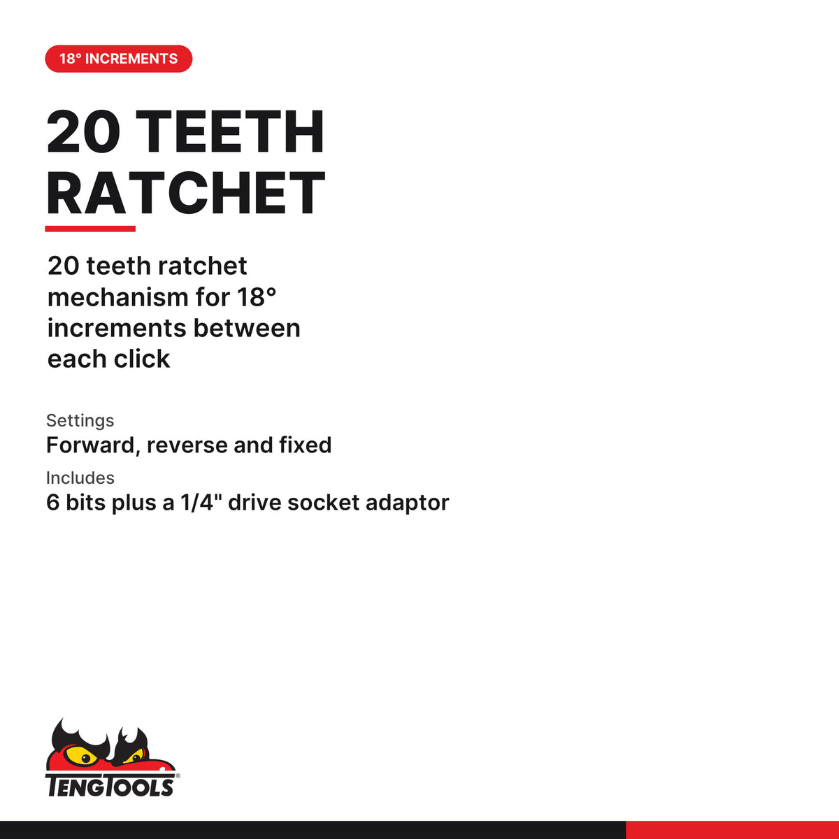 Teng Tools MDRT908 1/4 Inch Ratcheting Angled Bits Driver Set, 20 teeth ratchet mechanism for 18° increments between each