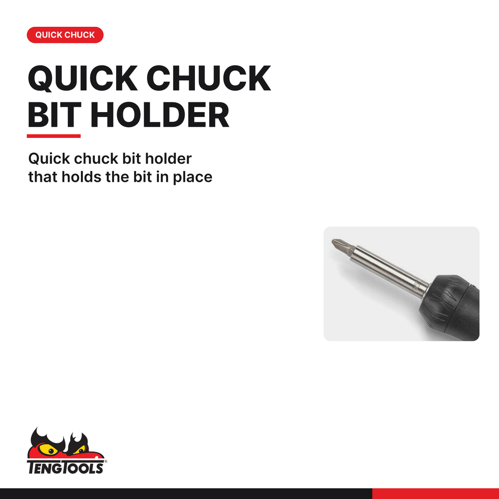 Teng Tools MDRT908 1/4 Inch Ratcheting Angled Bits Driver Set, quick chuck bit holder that holds the bit in place