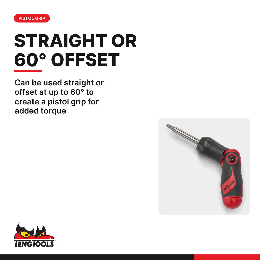 Teng Tools MDRT908 1/4 Inch Ratcheting Angled Bits Driver Set, can be used straight or offset at up to 60° to create a