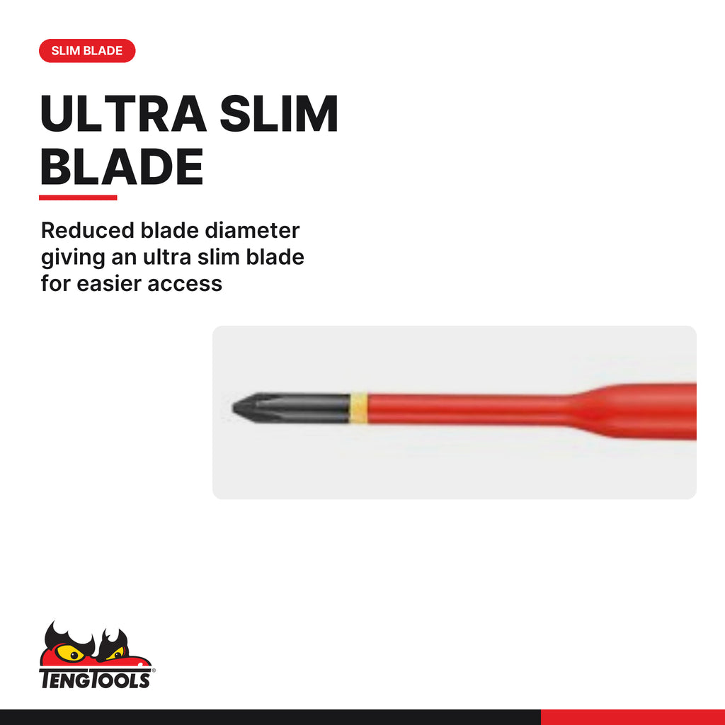 Teng Tools MDV742N PH1 Slim Phillips Insulated Screwdriver, reduced blade diameter giving an ultra slim blade for easier
