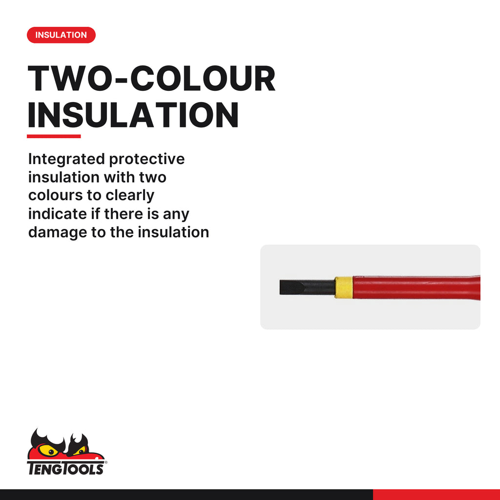 Teng Tools MDV820N Flat Insulated Screwdriver 0.4-1.2 mm Blade |, integrated protective insulation with two colours to