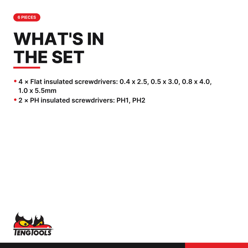 Teng Tools MDV906N Insulated Screwdriver Set Flat & PH 6 Pieces, what's in the tray