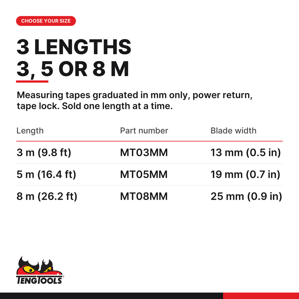 Teng Tools metric measuring tape, 3, 5 and 8 m, three lengths 3, 5 and 8 m, part numbers MT03MM, MT05MM and MT08MM