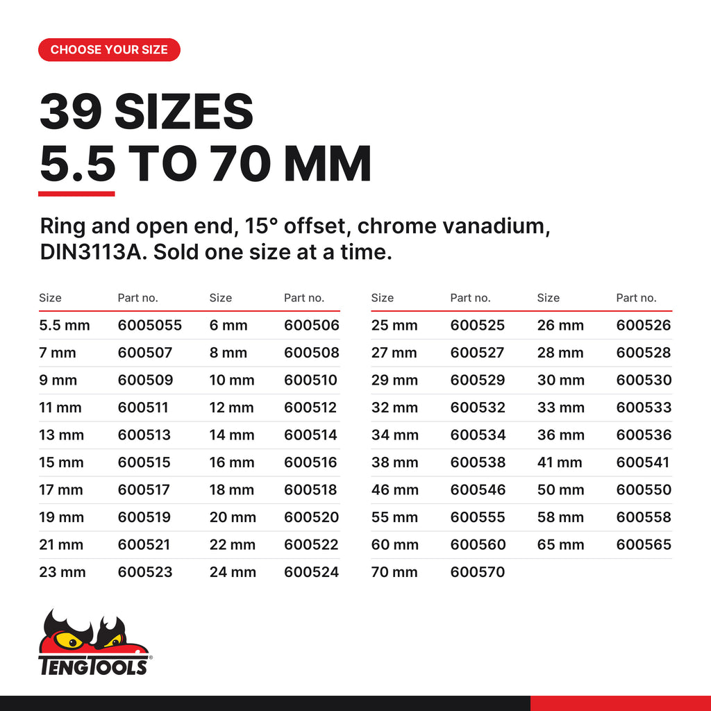 Teng Tools metric combination wrench, 5.5 to 70 mm, 39 sizes 5.5 mm to 70 mm, part numbers 6005055 to 600570