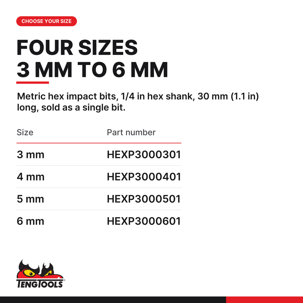 Teng Tools metric hex impact bits with 1/4 in hex shank 30 mm, 3 mm to 6 mm, four sizes 3 mm to 6 mm, part numbers