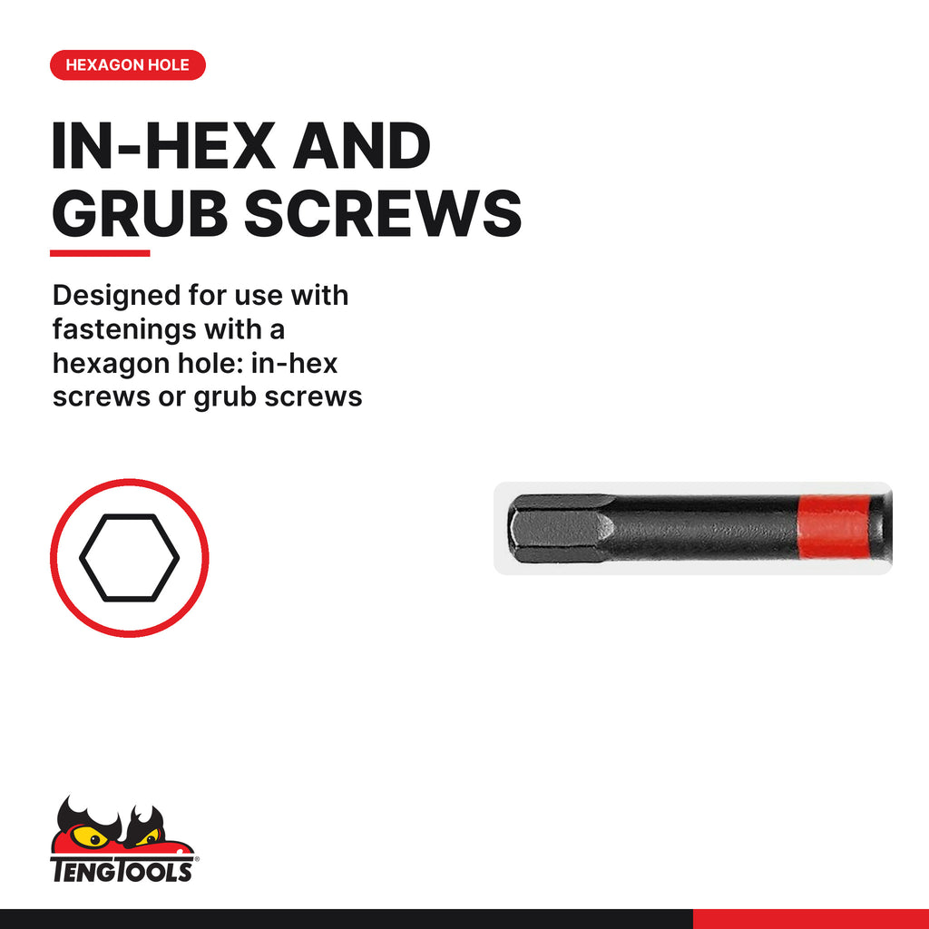 Teng Tools metric hex impact bits with 1/4 in hex shank 50 mm, 3 mm to 6 mm, designed for use with fastenings with a hexagon