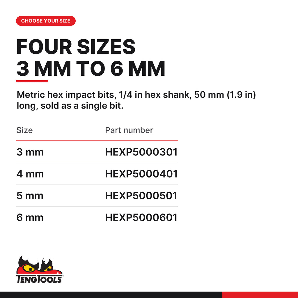 Teng Tools metric hex impact bits with 1/4 in hex shank 50 mm, 3 mm to 6 mm, four sizes 3 mm to 6 mm, part numbers