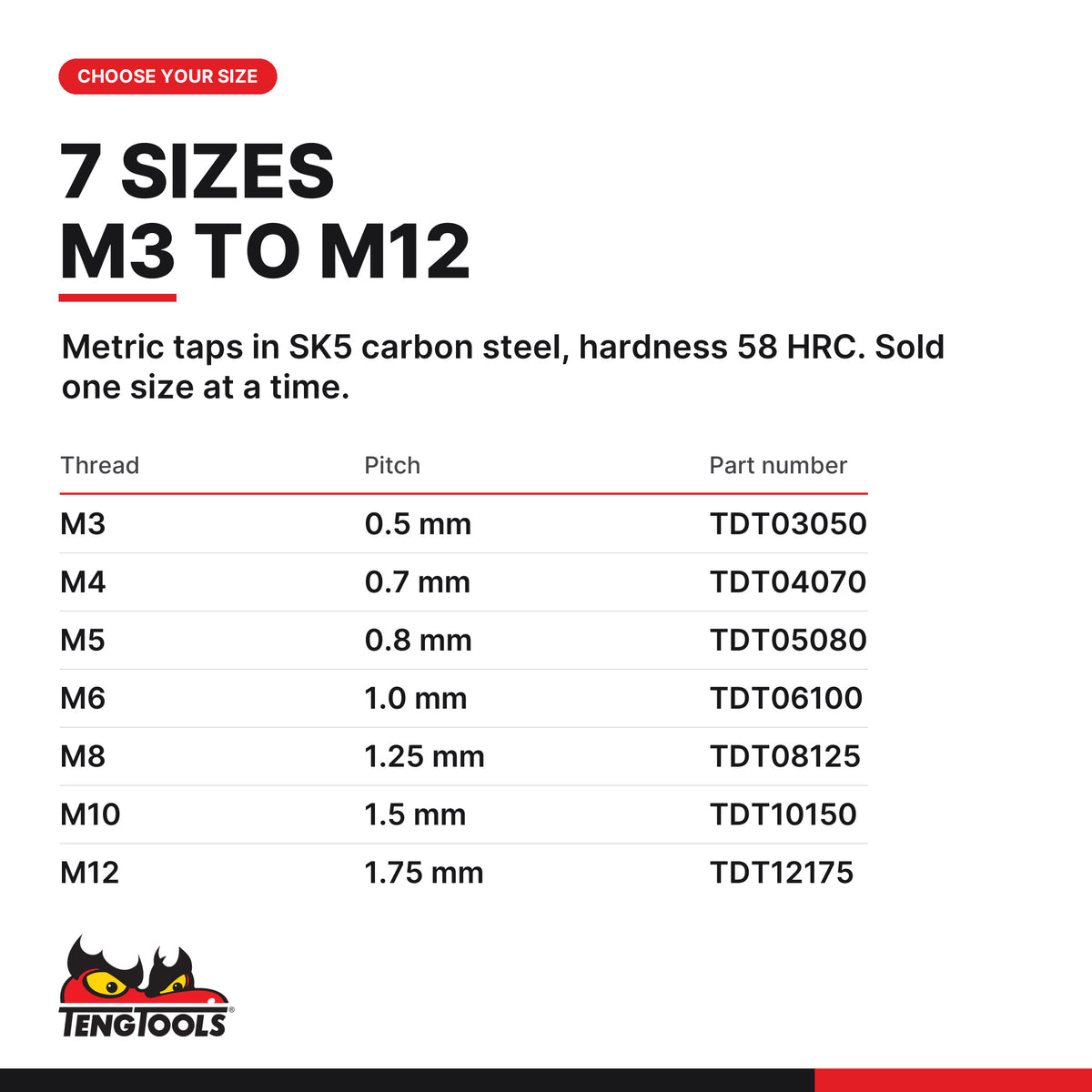 Teng Tools metric thread tap M3 to M12, seven sizes M3 x 0.5 to M12 x 1.75, part numbers TDT03050 to TDT12175