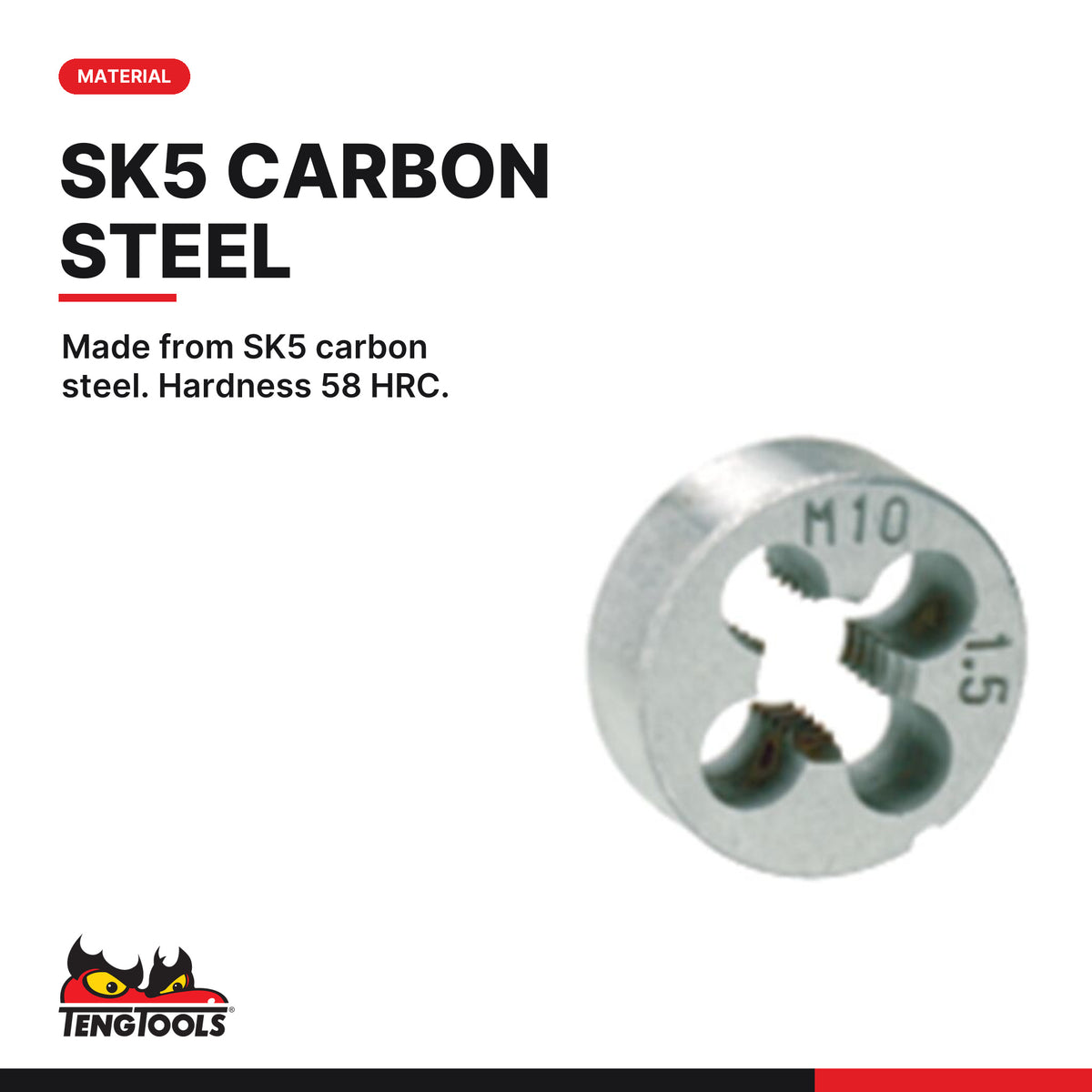Teng Tools metric threading die M3 to M12, made from SK5 carbon steel, hardness 58 HRC