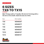 Teng Tools mini TX key with T handle, TX6 to TX15, six sizes TX6 to TX15, part numbers MDM806T to MDM815T