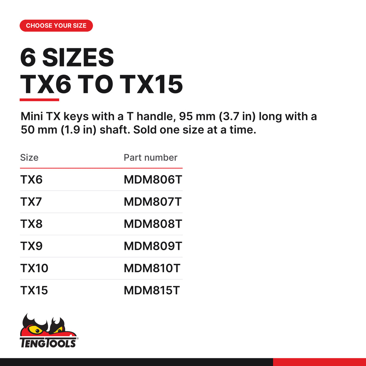 Teng Tools mini TX key with T handle, TX6 to TX15, six sizes TX6 to TX15, part numbers MDM806T to MDM815T