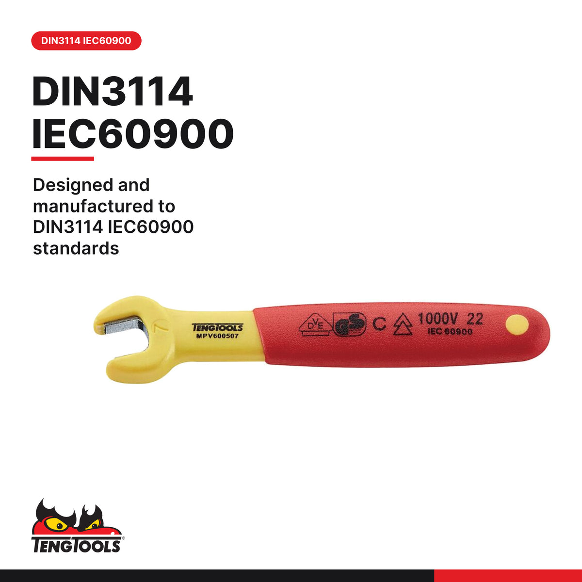 Teng Tools MPV600507 Insulated Open End Wrench 7-24 mm VDE Metric, designed and manufactured to DIN3114 IEC60900 standards