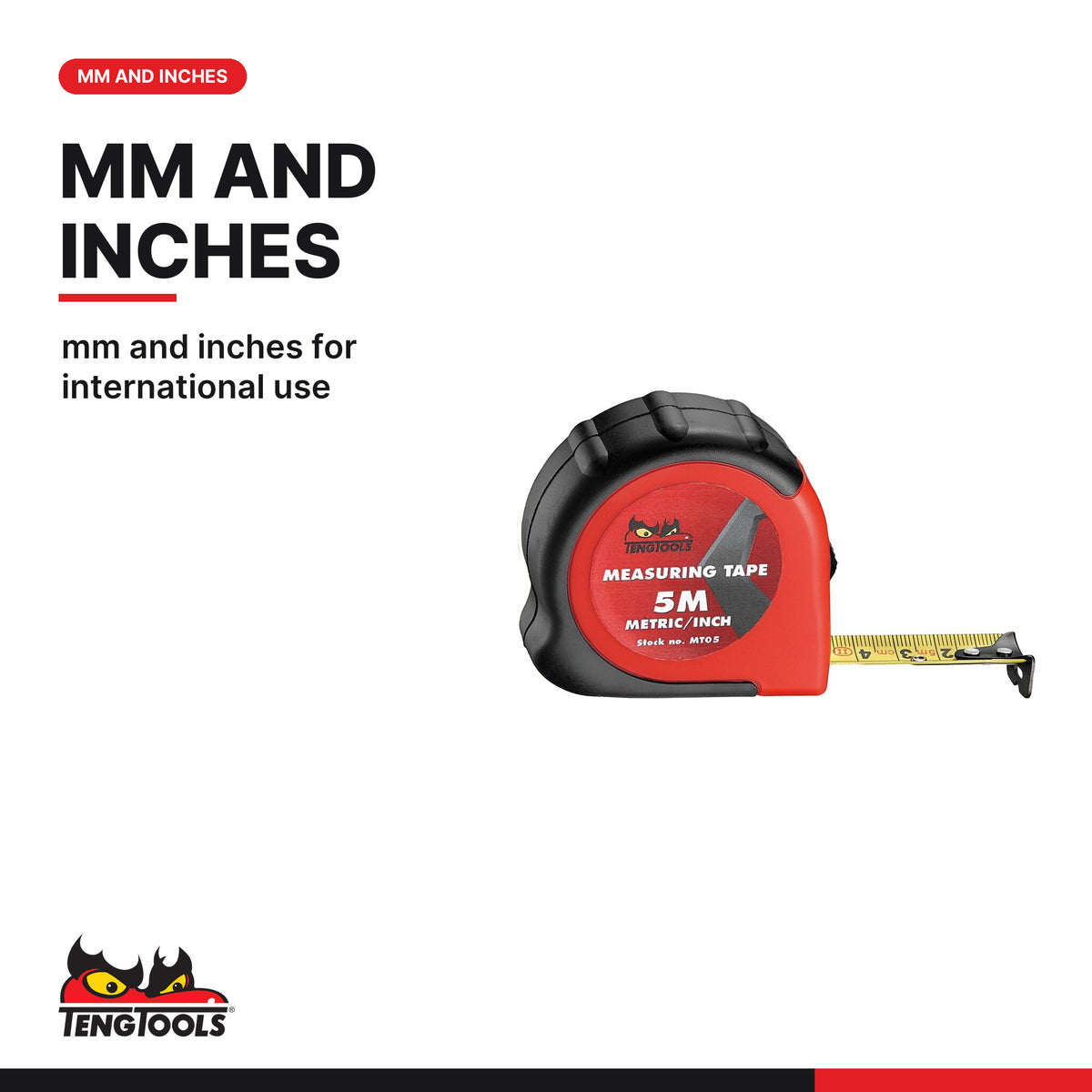 Teng Tools MT05 5 m (16.4 ft) Tape Measure, Metric and Inch - 19 mm, mm and inches for international use