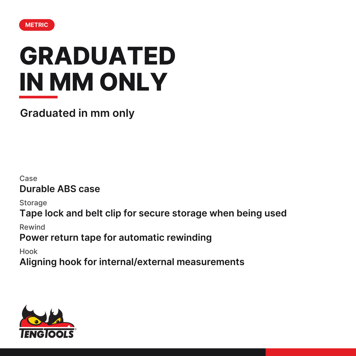 Teng Tools MT08MM Measuring Tape Metric 8m, graduated in mm only