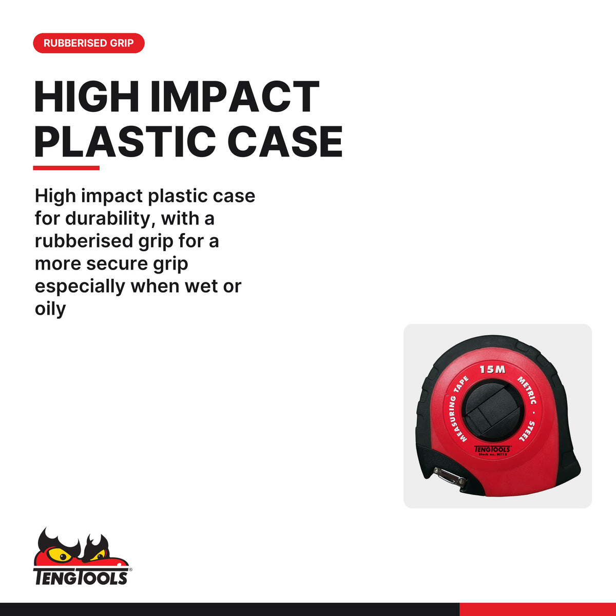 Teng Tools MT15 15 Metre 49 Foot Metric and SAE Measuring Tape, high impact plastic case for durability, with a rubberised