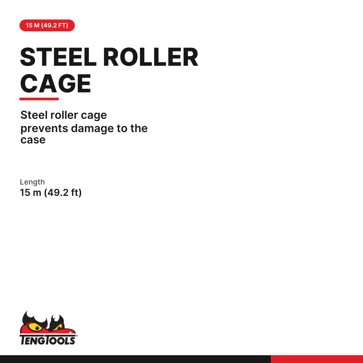 Teng Tools MT15 15 Metre 49 Foot Metric and SAE Measuring Tape, steel roller cage prevents damage to the case