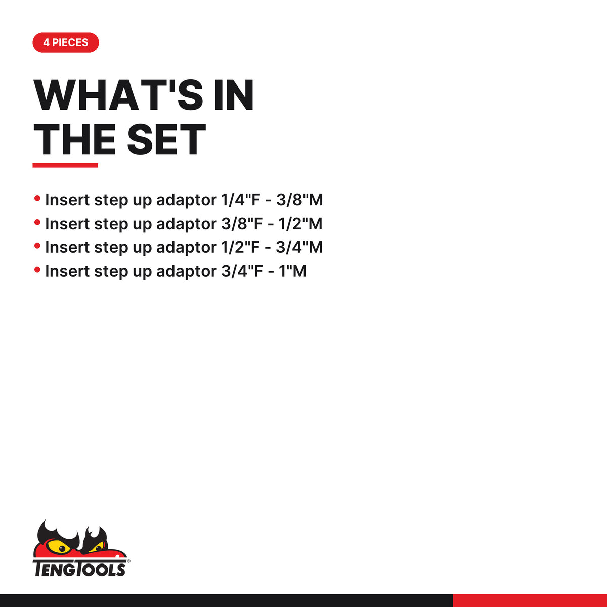 Teng Tools MX04 Step Up Adaptor Set 4 Pieces, what's in the set