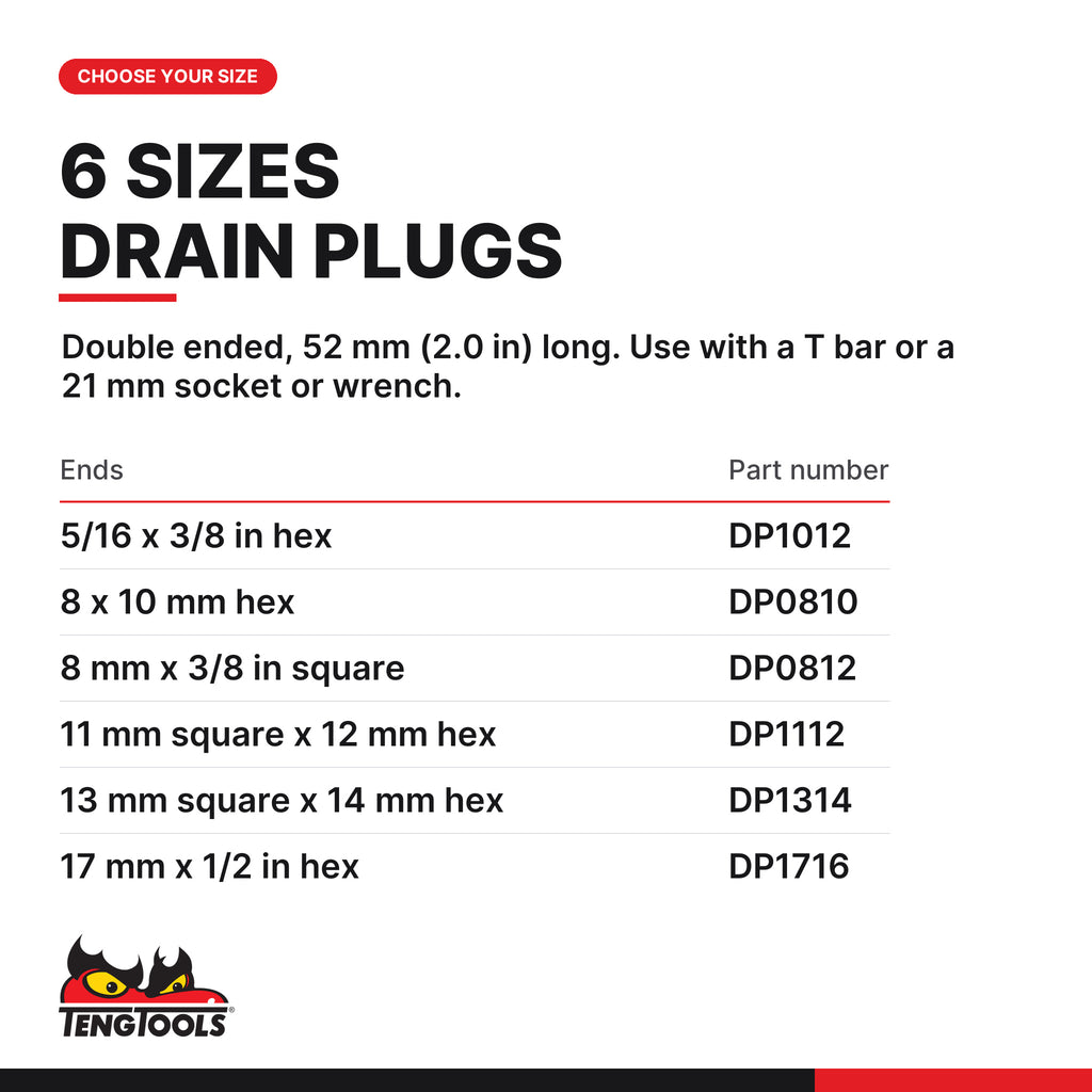 Teng Tools double ended oil drain plug key, six double ended drain plug keys, part numbers DP1012, DP0810, DP0812, DP1112