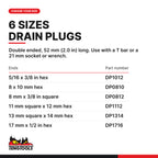 Teng Tools double ended oil drain plug key, six double ended drain plug keys, part numbers DP1012, DP0810, DP0812, DP1112