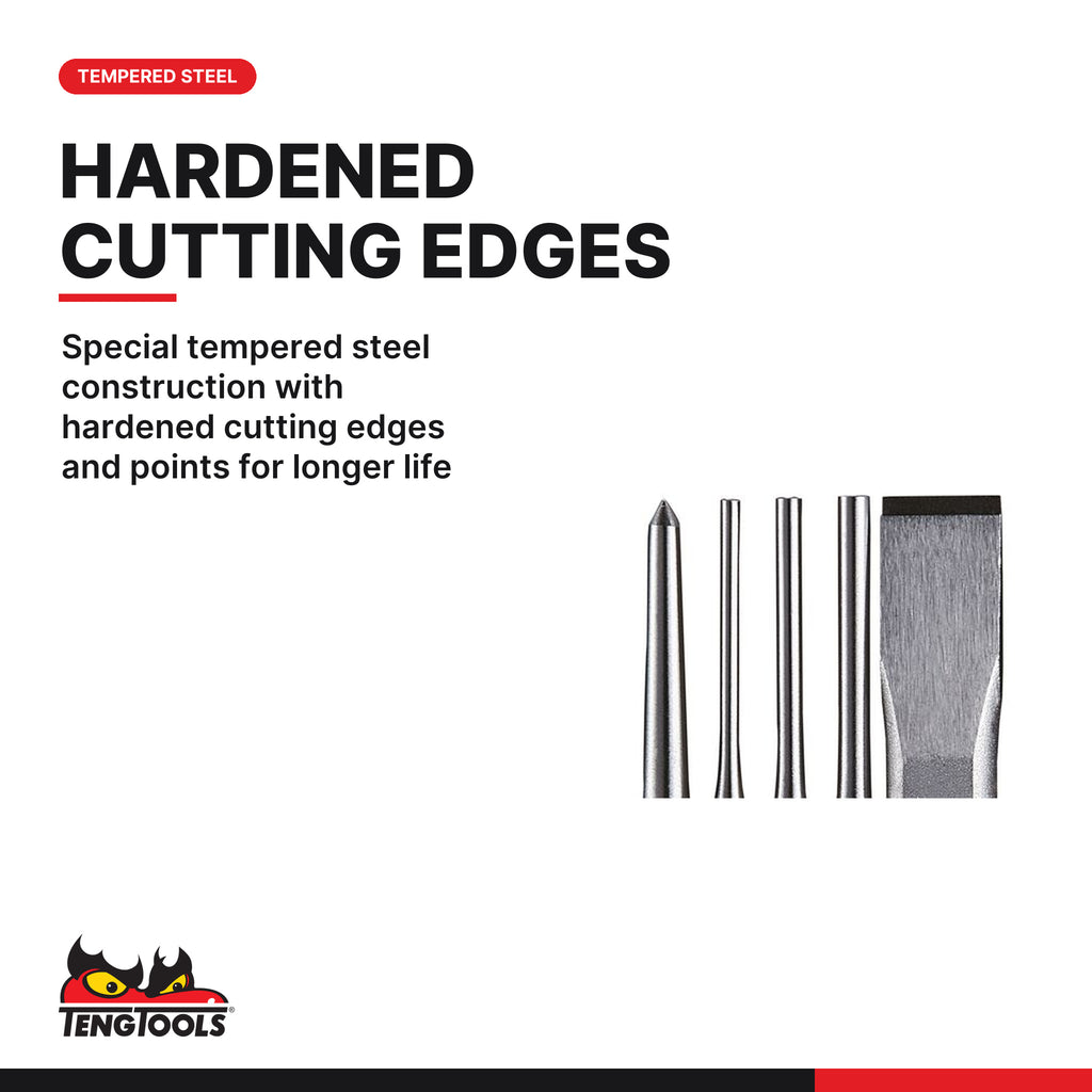 Teng Tools PCX05 Punch & Chisel Set 5 Pieces, special tempered steel construction with hardened cutting edges and points for
