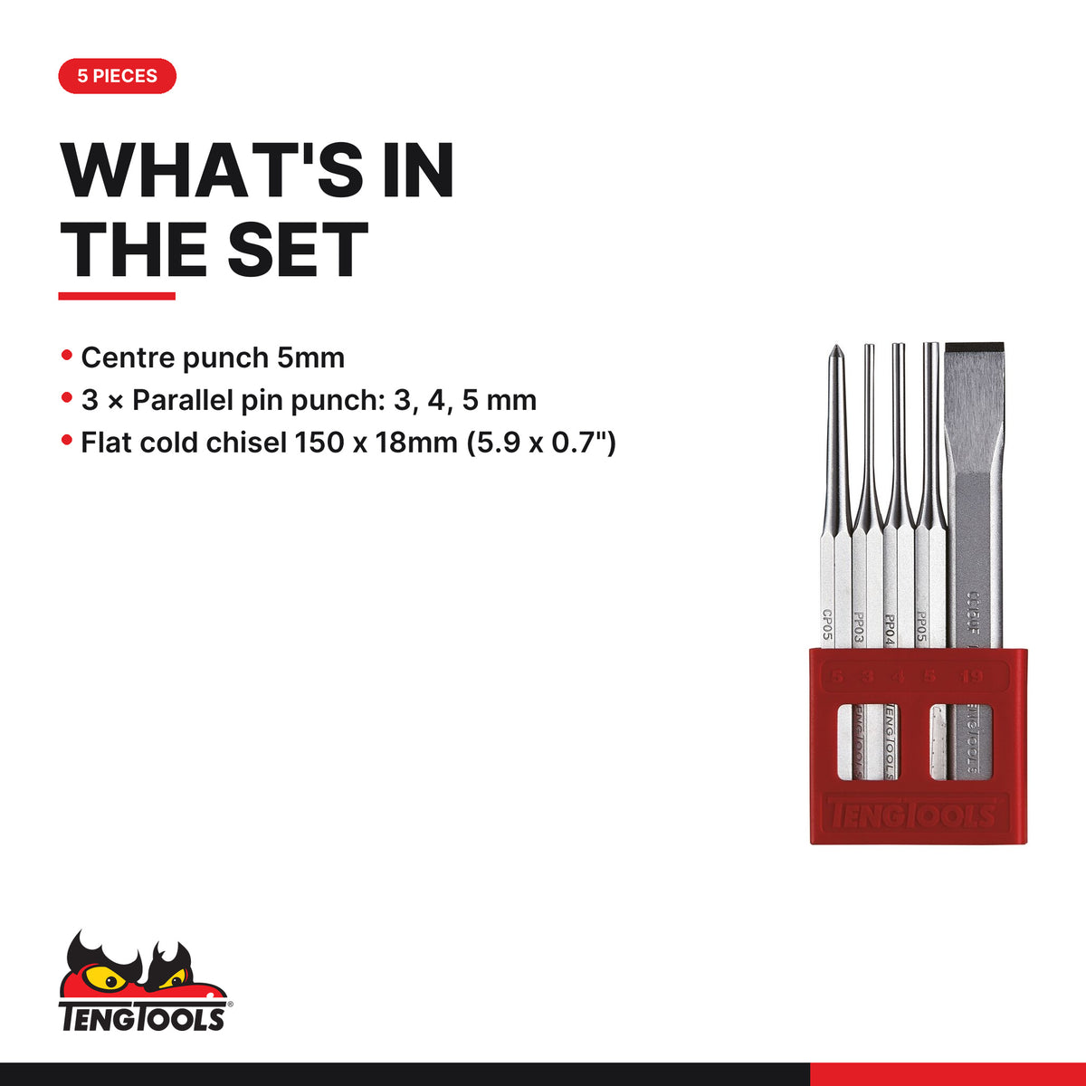 Teng Tools PCX05 Punch & Chisel Set 5 Pieces, what's in the set