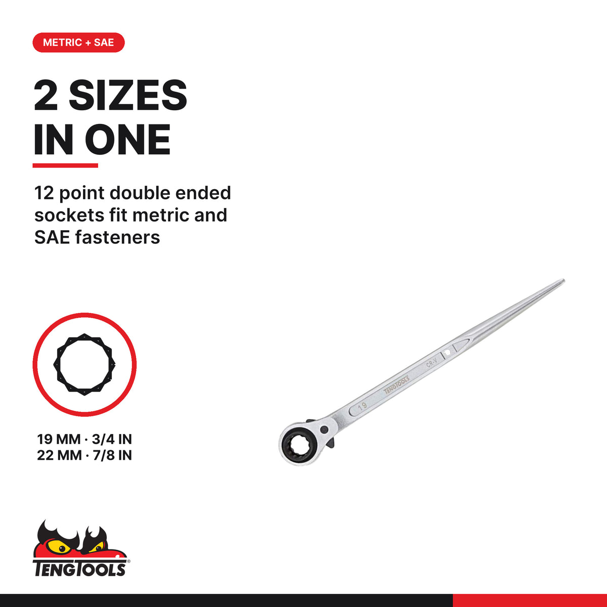 Teng Tools PGW1922 ratcheting construction wrench 19 x 22 mm, 12 point ends fit 3/4 and 7/8 inch too
