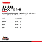 Teng Tools Phillips mini screwdriver, PH00 to PH1, three sizes PH00, PH0 and PH1, part numbers MDM716 to MDM718