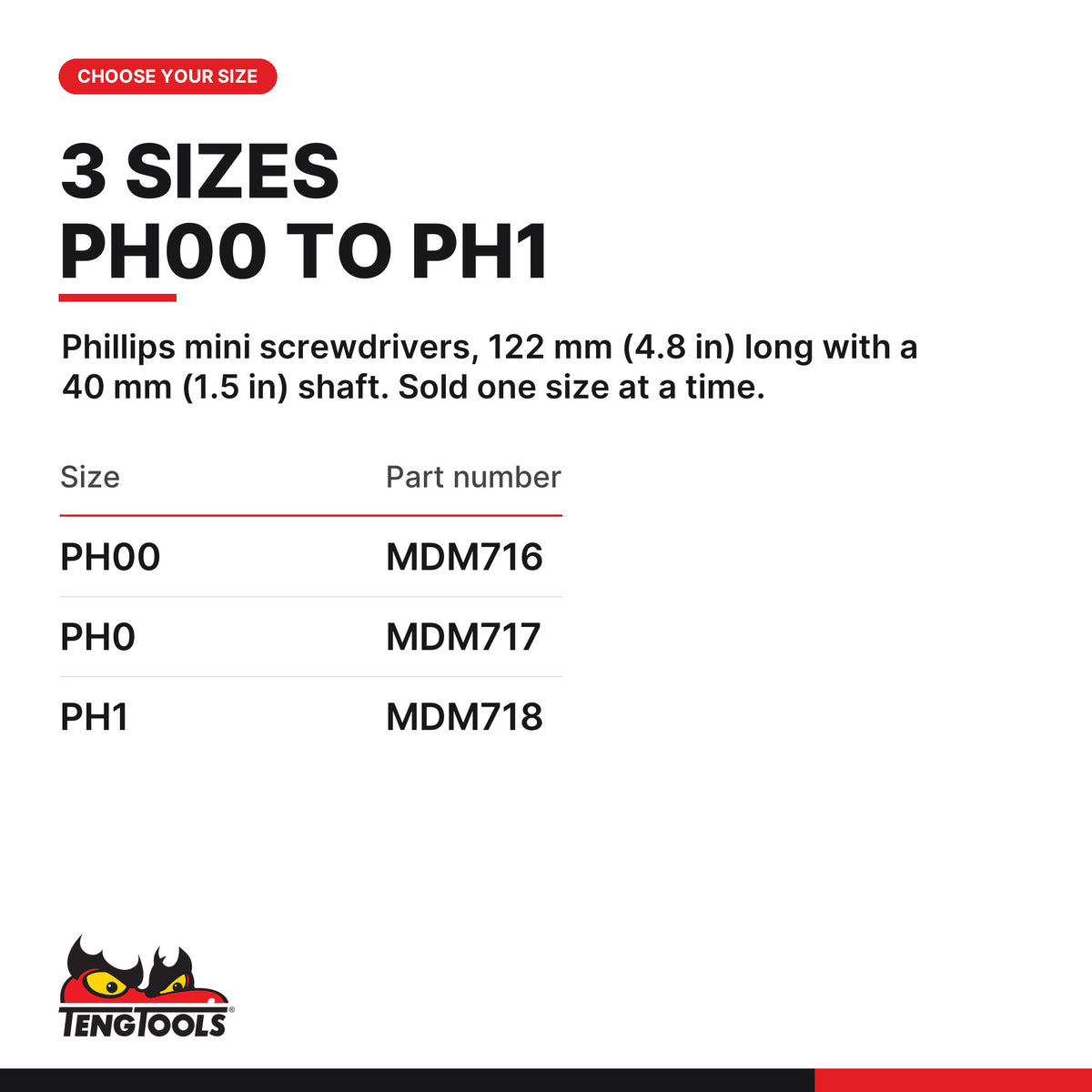 Teng Tools Phillips mini screwdriver, PH00 to PH1, three sizes PH00, PH0 and PH1, part numbers MDM716 to MDM718