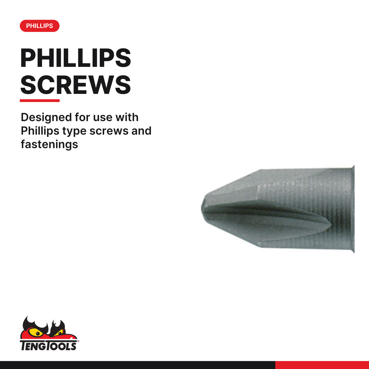 Teng Tools PH2500303 1/4 Inch Phillips Screwdriver Bits, designed for use with Phillips type screws and fastenings