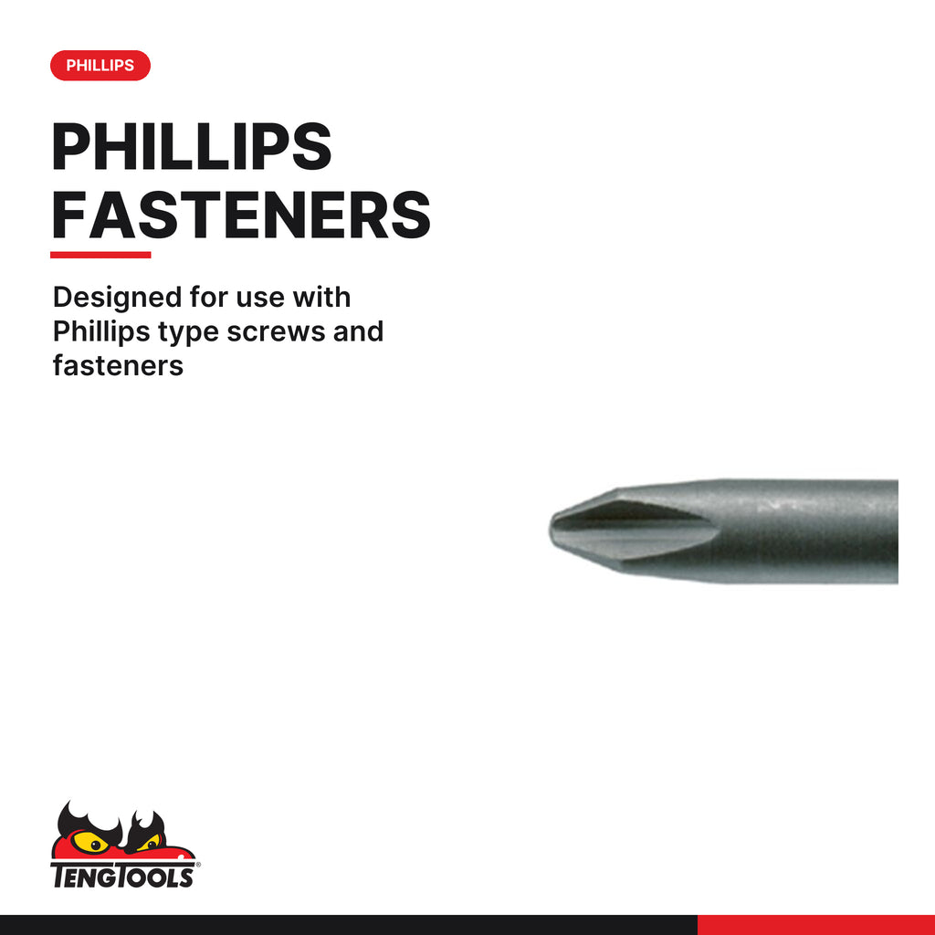 Teng Tools PH5000203 1/4 Inch Hex Shank Phillips Screwdriver Bits 50 mm, designed for use with Phillips type screws and