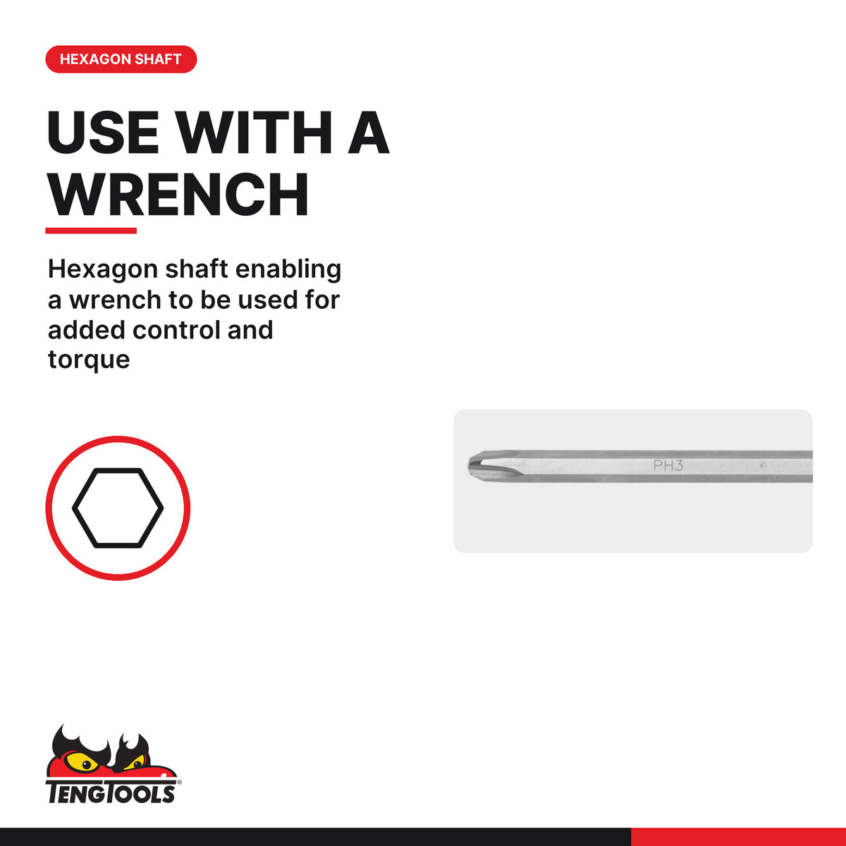 Teng Tools PHF0365 Double Ended Screwdriver Blade, hexagon shaft enabling a wrench to be used for added control and torque