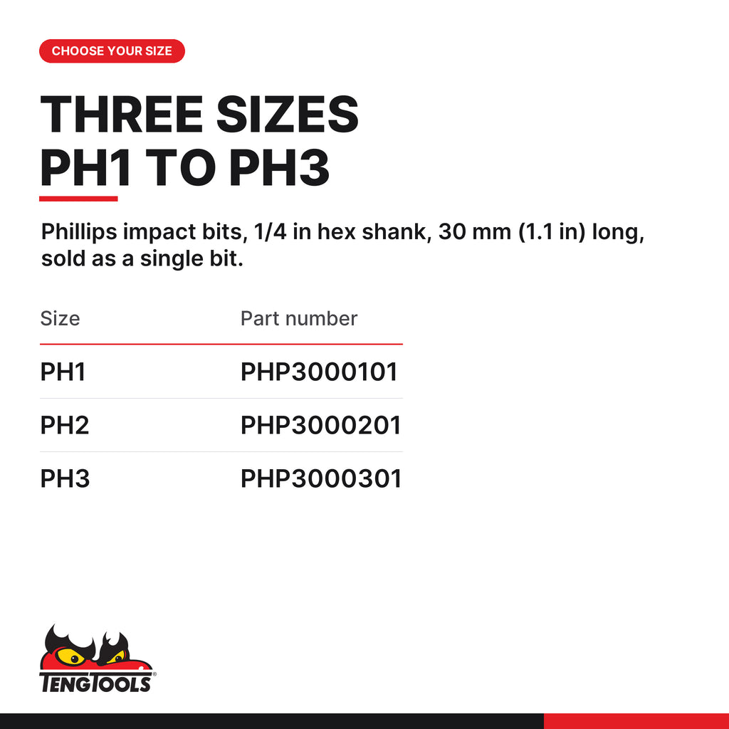Teng Tools Phillips impact bits with 1/4 in hex shank, 30 mm (1.1 in), PH1 to PH3, three sizes PH1 to PH3, part numbers