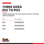 Teng Tools Phillips impact bits with 1/4 in hex shank, 30 mm (1.1 in), PH1 to PH3, three sizes PH1 to PH3, part numbers