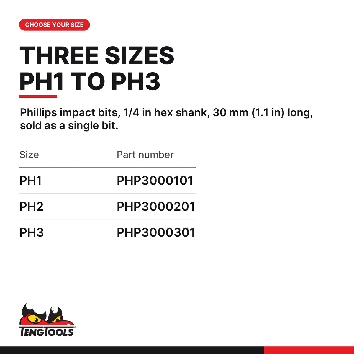 Teng Tools Phillips impact bits with 1/4 in hex shank, 30 mm (1.1 in), PH1 to PH3, three sizes PH1 to PH3, part numbers