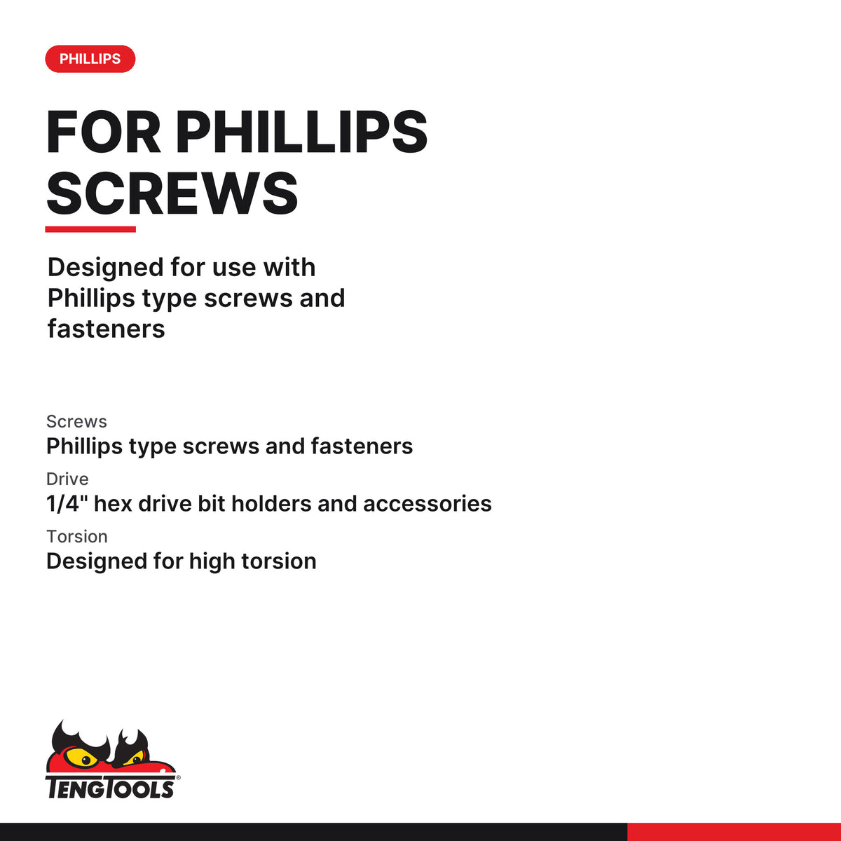 Teng Tools PHP3000101 1/4" Impact Phillips Bit 30mm PH1, designed for use with Phillips type screws and fasteners